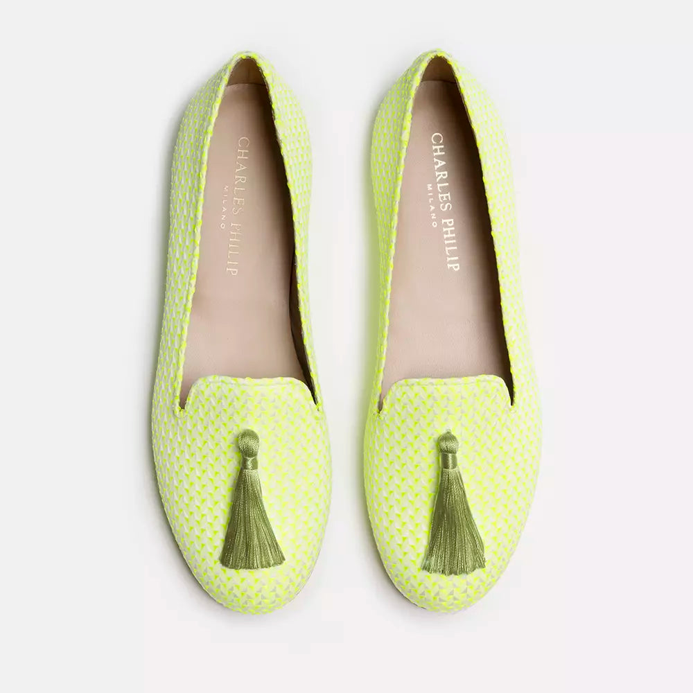 Elegant Yellow Silk Alba Loafers