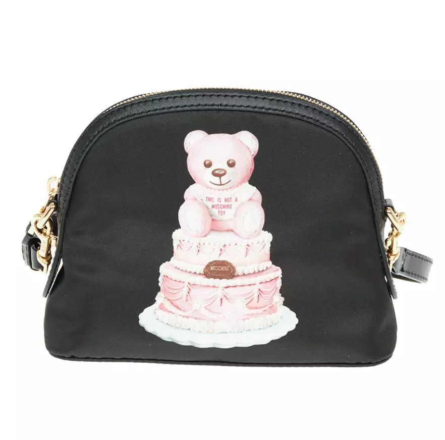 Chic Teddy Bear Print Clutch with Calfskin Strap