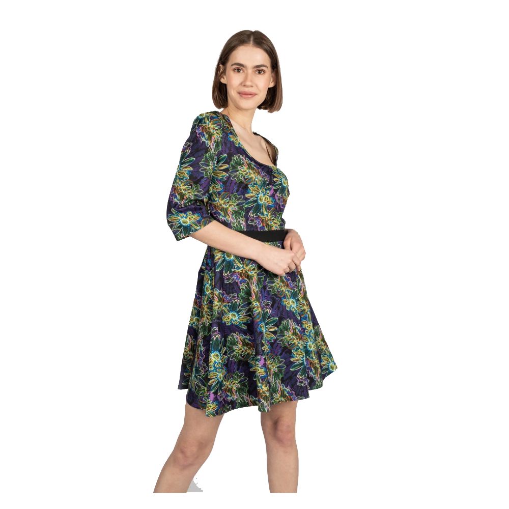 Floral Elegance Short Dress with Wide Neckline