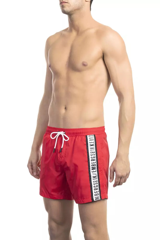 Sleek Red Tape-Trim Swim Shorts