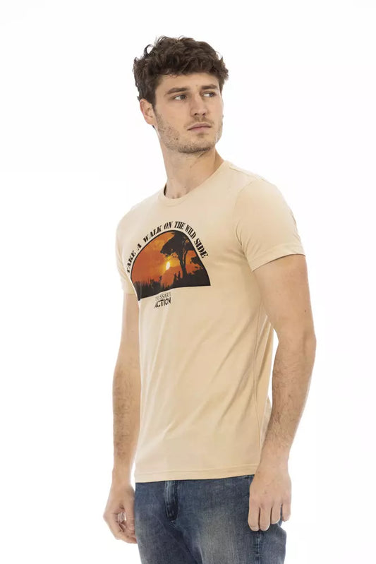 Beige Short Sleeve Tee with Sleek Print