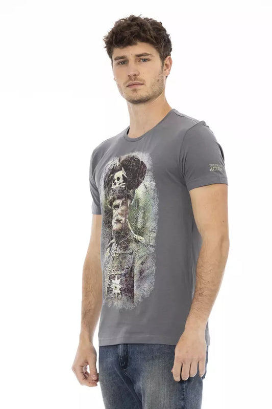 Elegant Gray Round Neck Tee with Front Print