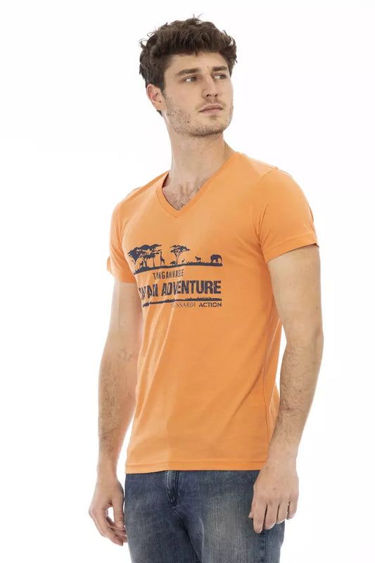 Orange V-Neck Tee with Front Print