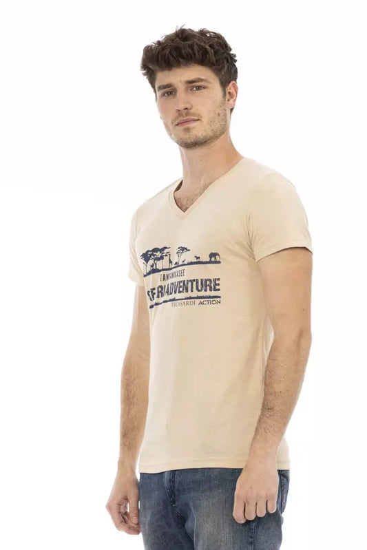 Beige V-Neck Tee with Elegant Front Print