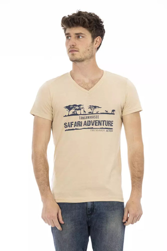 Beige V-Neck Tee with Elegant Front Print