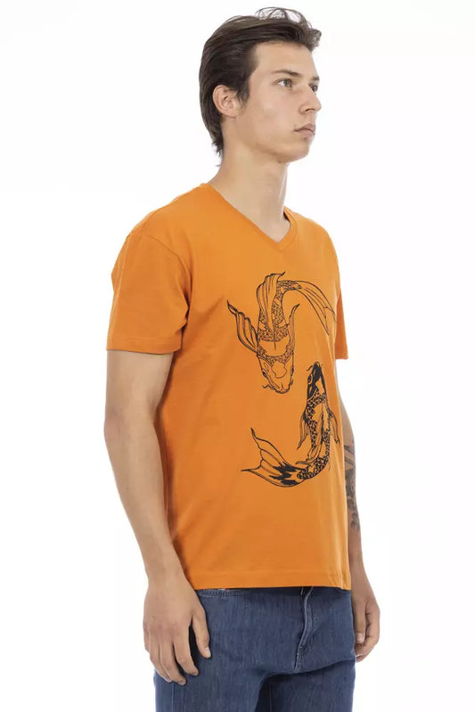 Vibrant Orange V-Neck Tee with Elegant Print