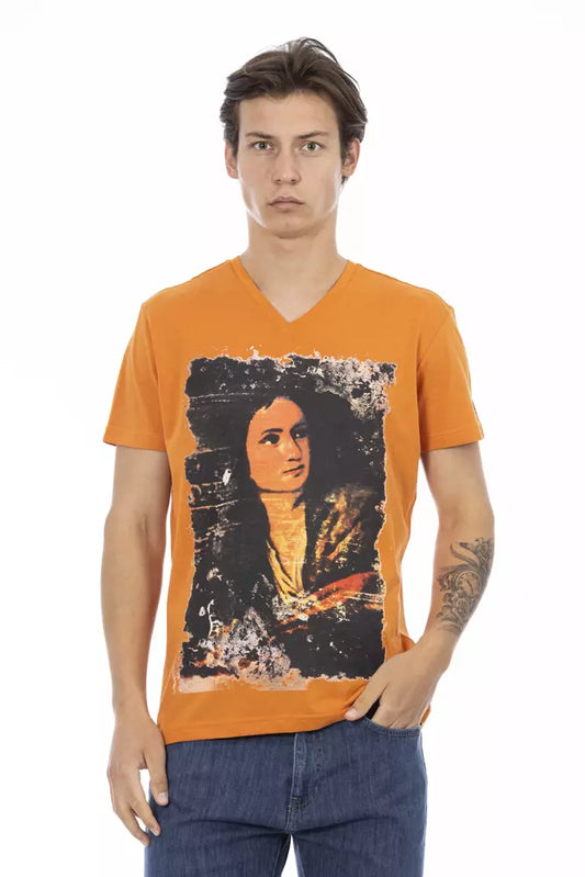 Vibrant Orange V-Neck Tee with Sleek Print