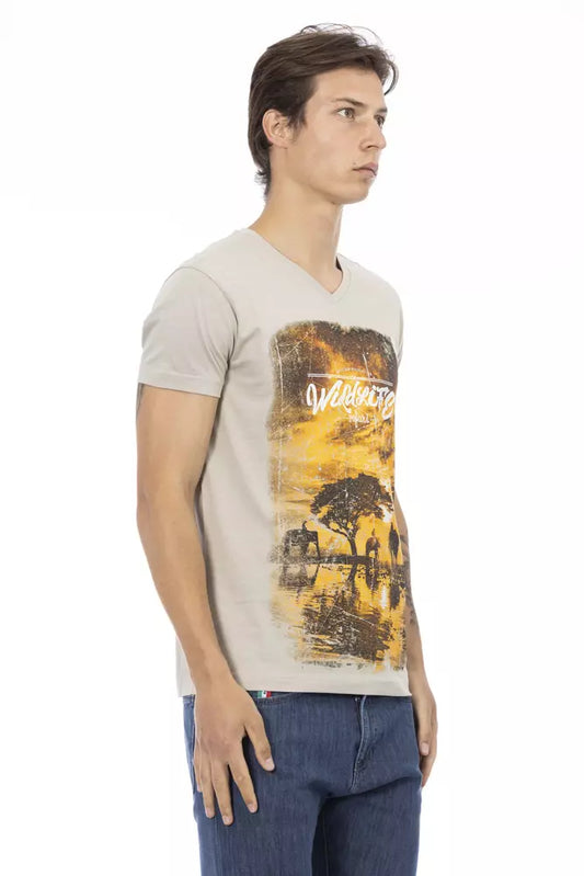 Beige V-Neck Tee with Elegant Front Print