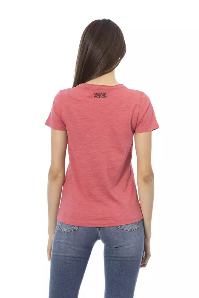 Elegant Pink Round Neck Tee with Chic Front Print