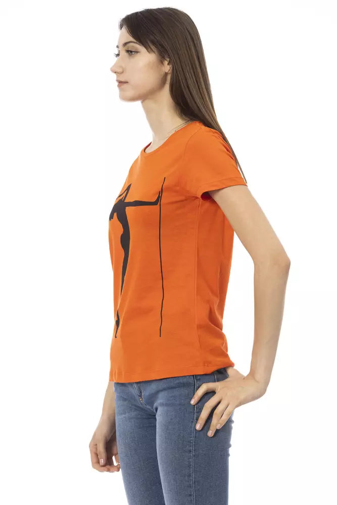 Chic Orange Round Neck Tee with Front Print