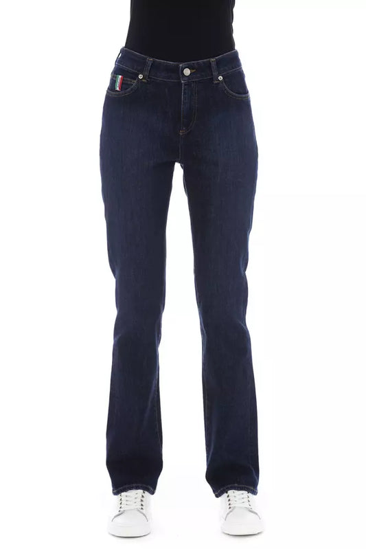 Chic Blue Cotton Blend Jeans with Tricolor Detail