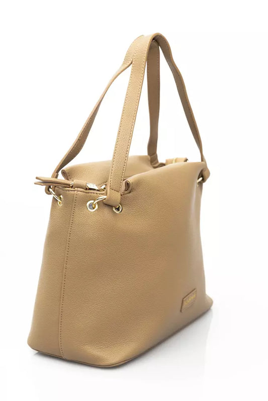 Beige Zip Shoulder Bag with Golden Details