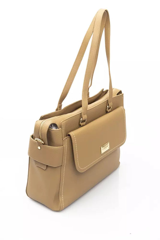 Elegant Beige Shoulder Bag With Golden Accents