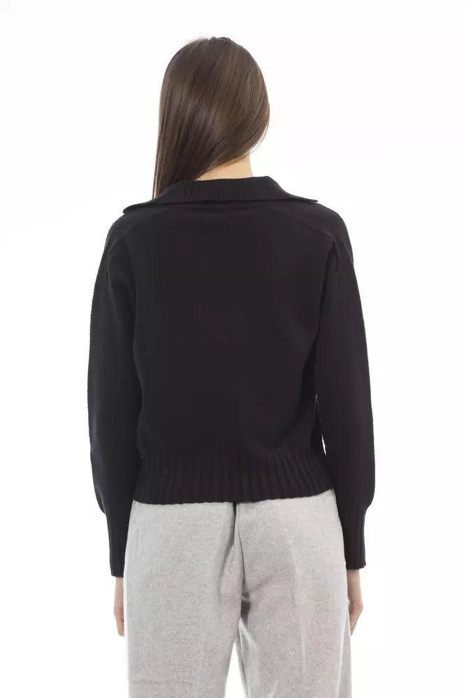 Elegant V-Neck Black Sweater with Ribbed Trims