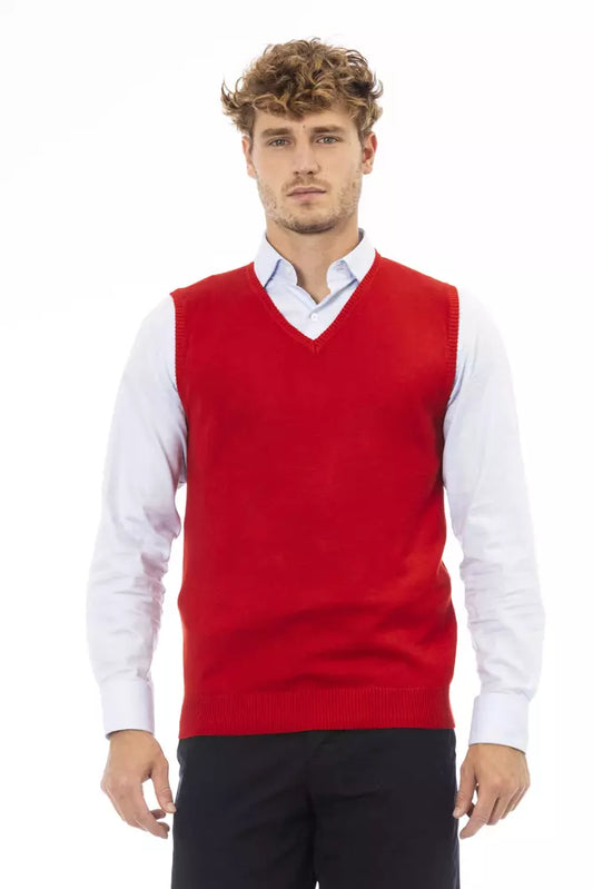 Elegant V-Neck Red Vest in Fine Rib Knit