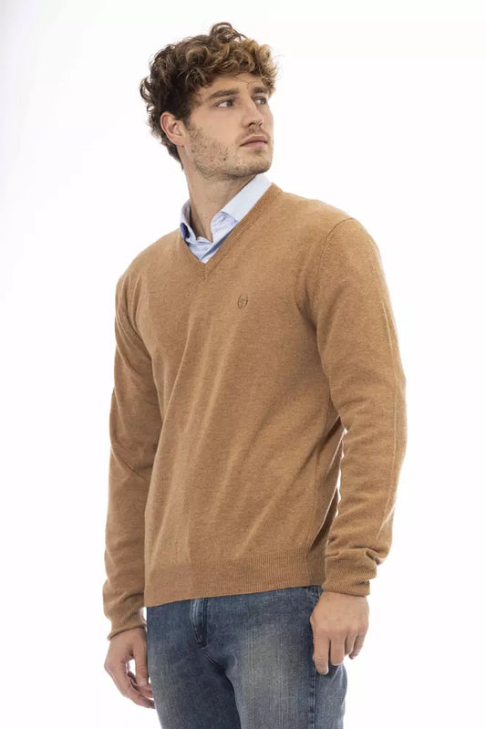 Elegant Beige V-Neck Wool Sweater for Men