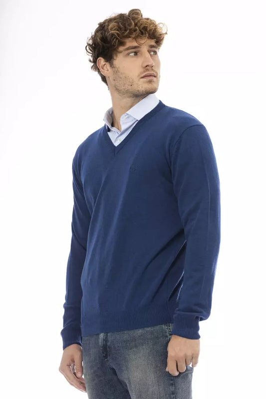 Elegant Blue V-Neck Wool Sweater