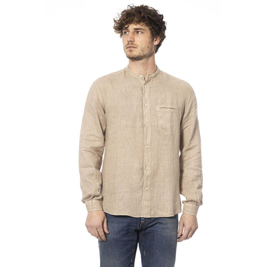 Elegant Beige Mandarin Collar Linen Shirt