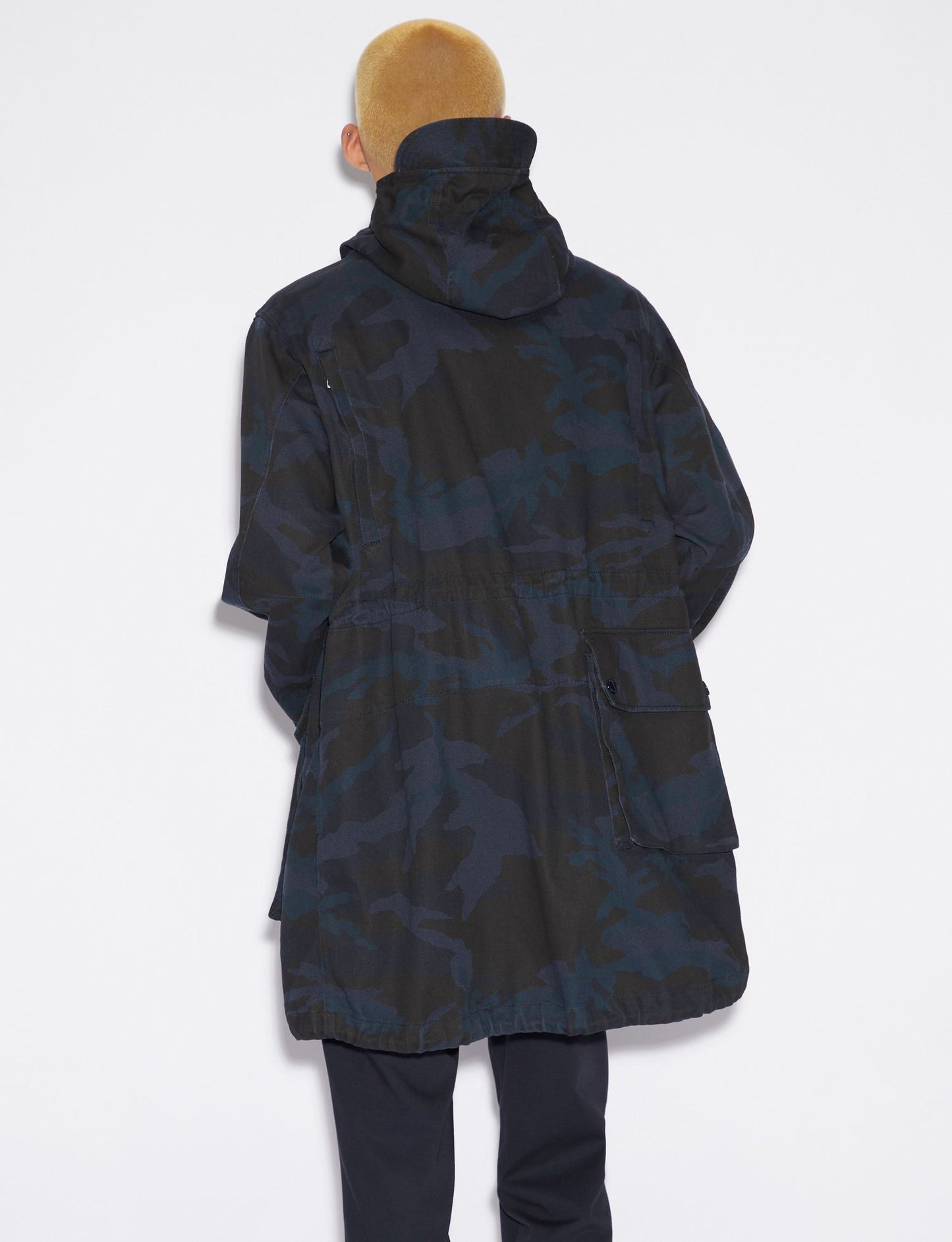 Camouflage Hooded Trench Coat in Dark Blue