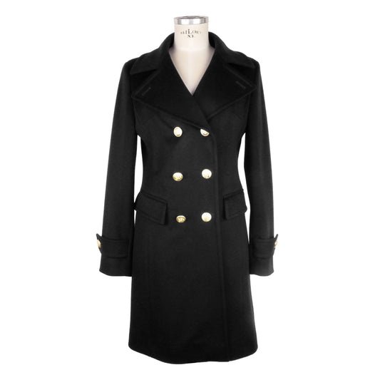 Elegant Black Woolen Coat with Gold Buttons