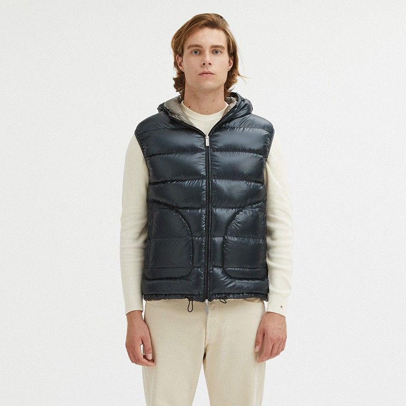 Reversible Goose Down Hooded Vest in Gray