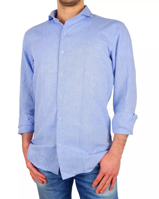 Elegant Light Blue Cotton-Linen Shirt