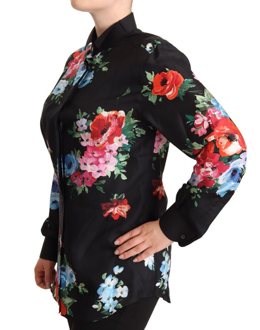 Elegant Floral Silk-Cotton Polo Blouse