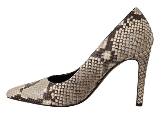 Chic Gray Snake Print Leather Heels