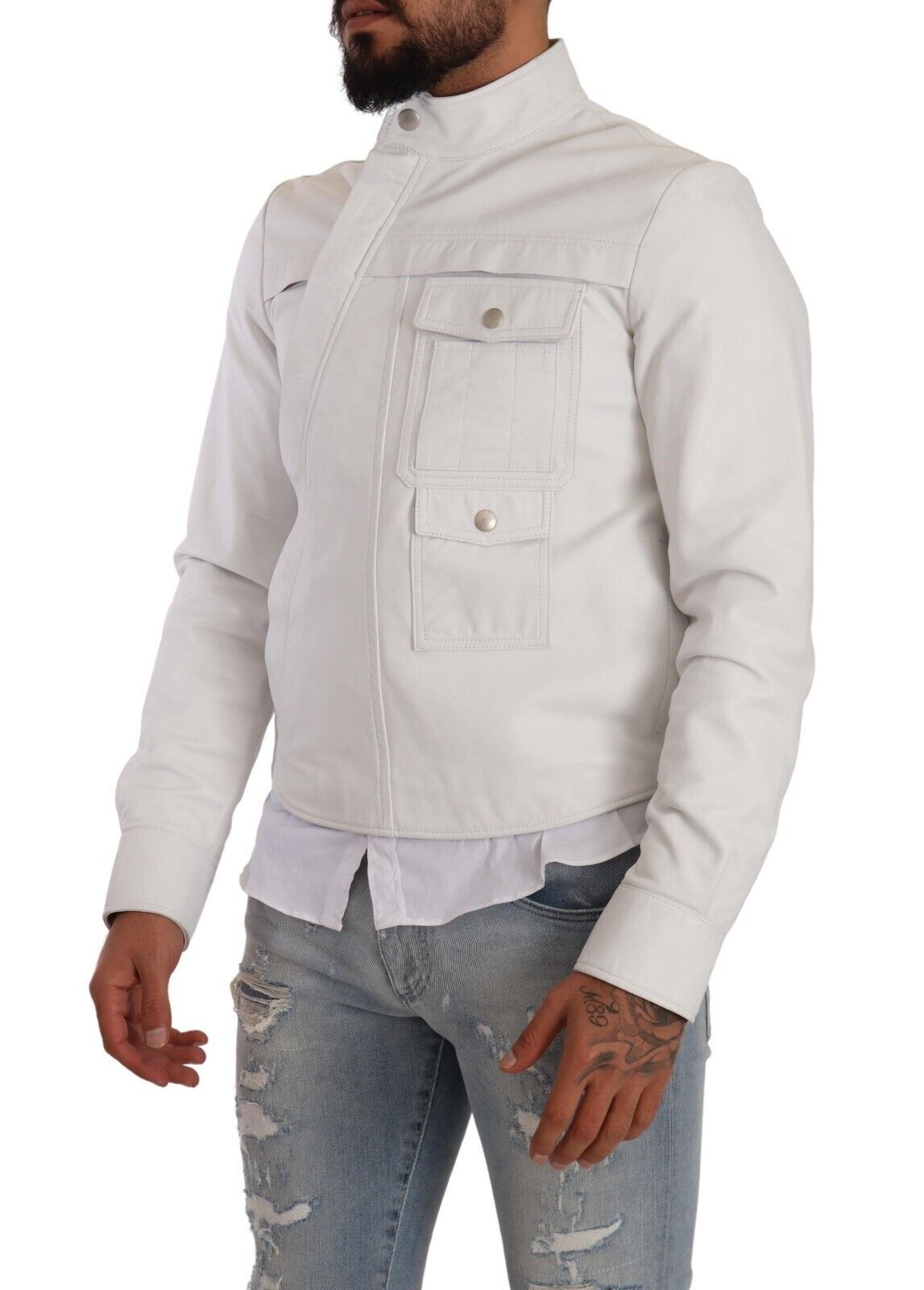 Exquisite White Leather Biker Jacket