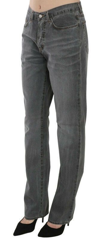 Gray Washed Mid Waist Straight Denim Pants Jeans