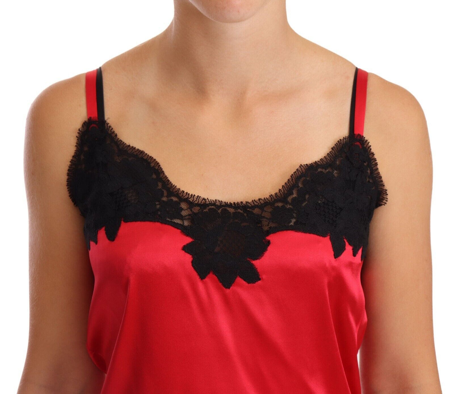 Silk Blend Lace-Trim Camisole in Red & Black