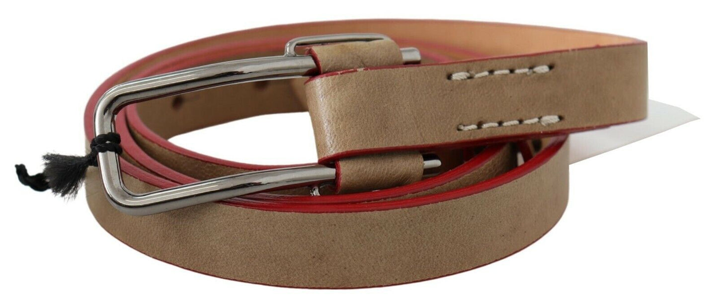 Beige Leather Silver Logo Buckle Waist Belt