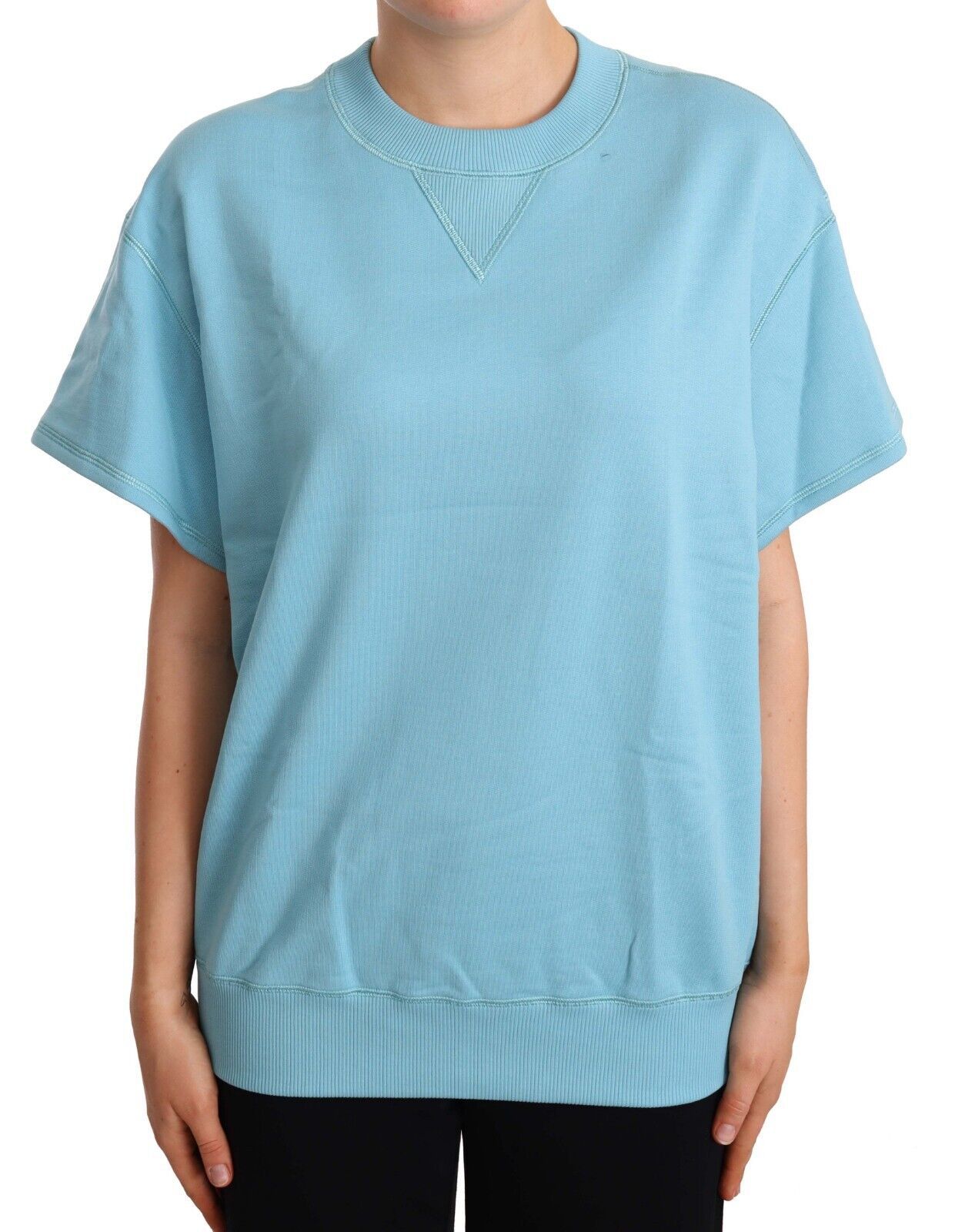 Blue Cotton Short Sleeves Crew Neck Top