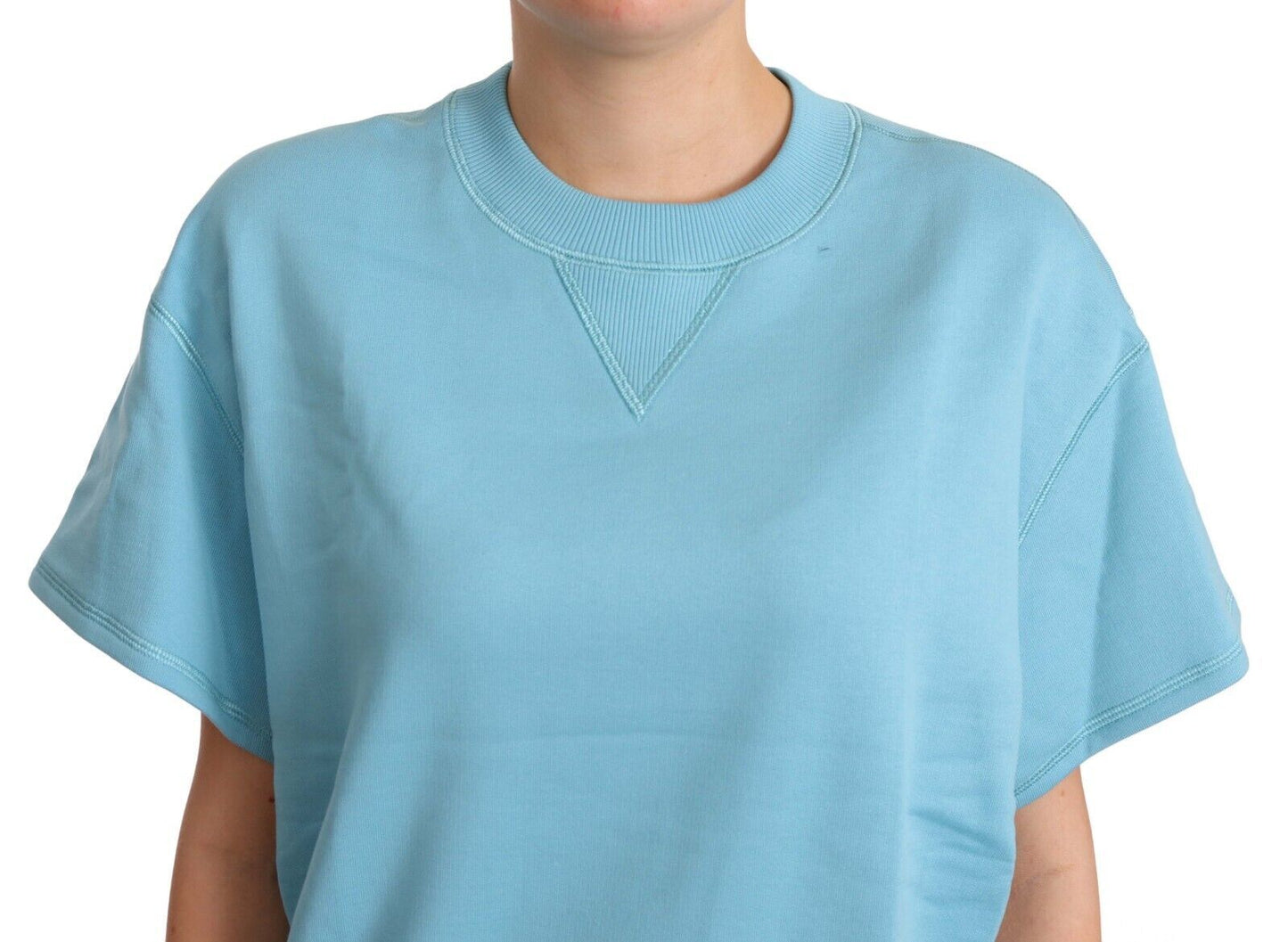 Blue Cotton Short Sleeves Crew Neck Top