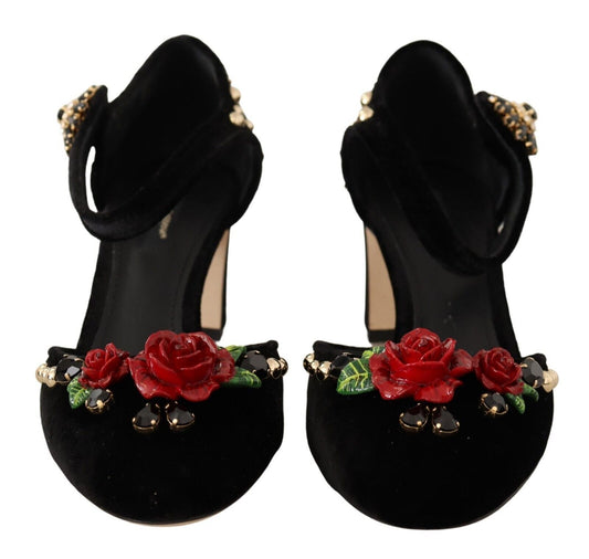 Elegant Velvet Studded Heels with Floral Accent