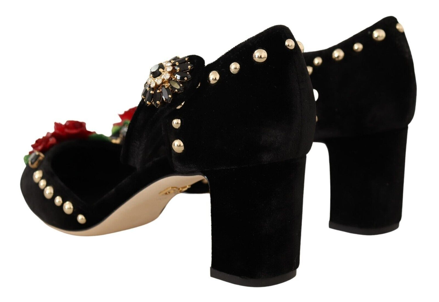 Elegant Velvet Studded Heels with Floral Accent