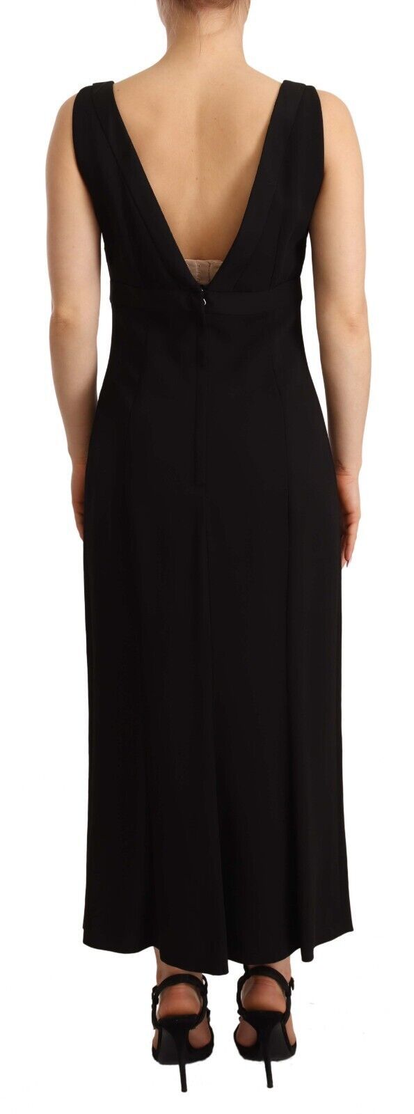 Black Silk Stretch Side Slit Sheath Midi Dress