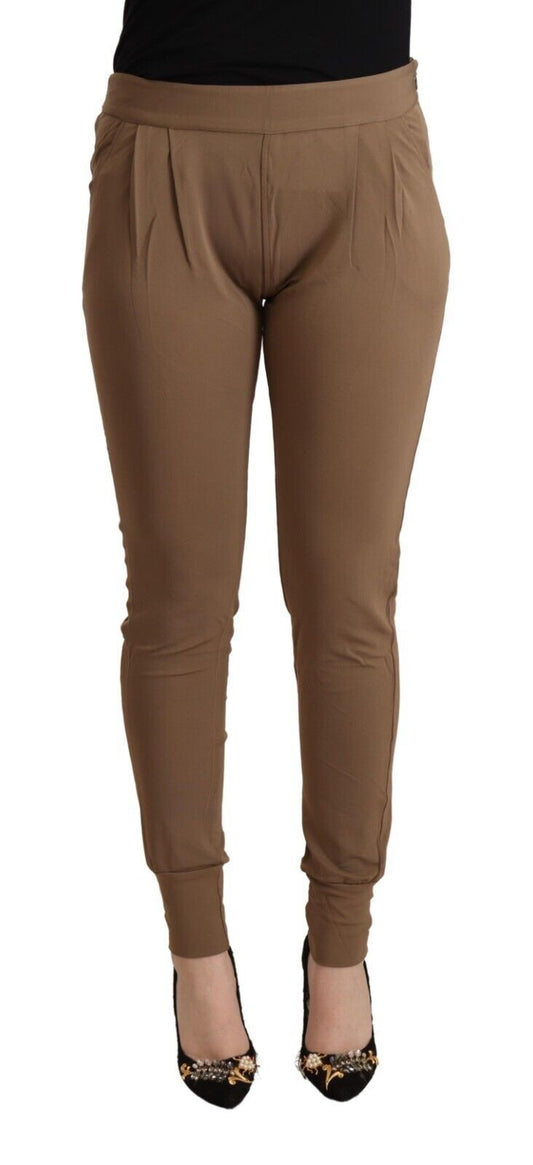 Brown Viscose Mid Waist Slim Tapered Pants