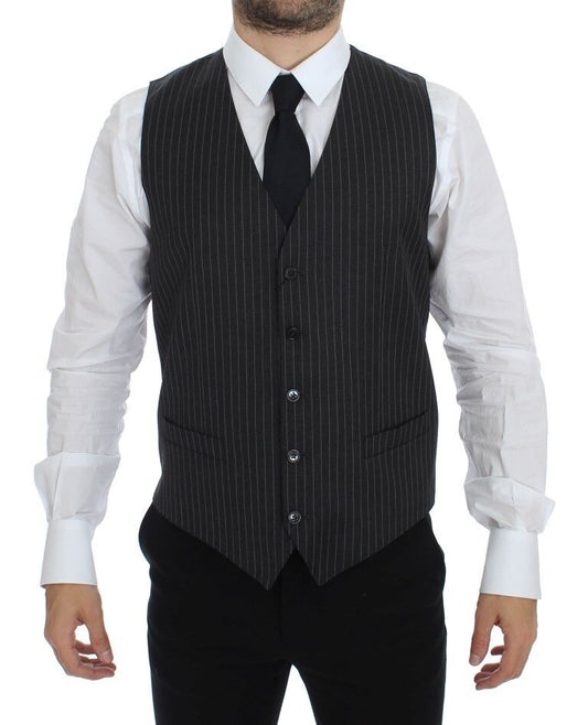 Gray Striped Wool Single Breasted Vest