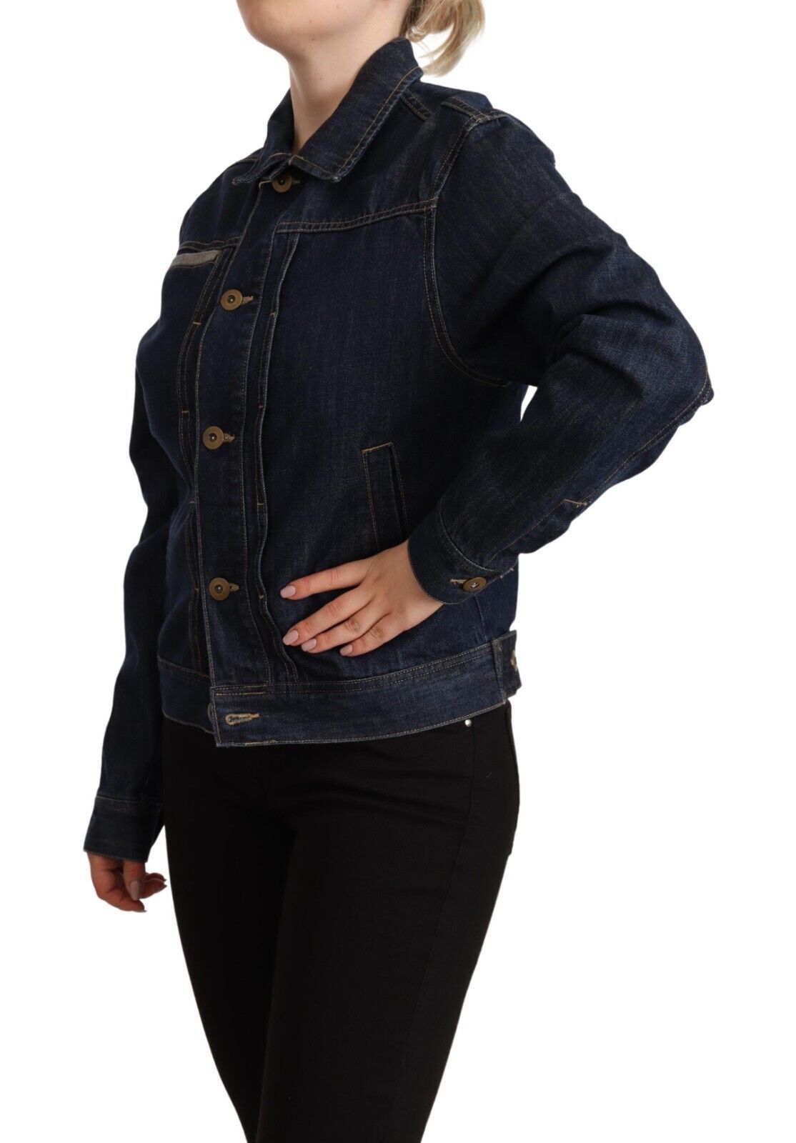 Dark Blue Button Down Long Sleeves Denim Jacket