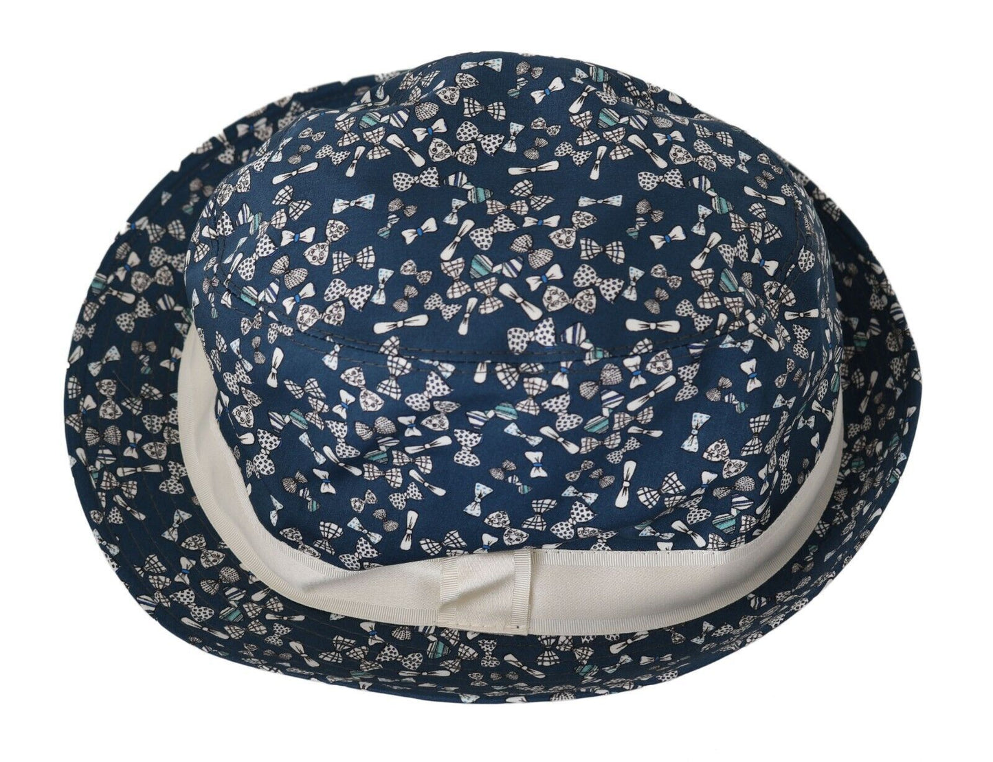 Elegant Bow Print Fedora Hat in Blue & White