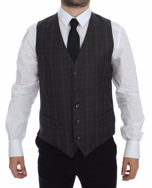 Brown Check Wool Single Breasted Vest