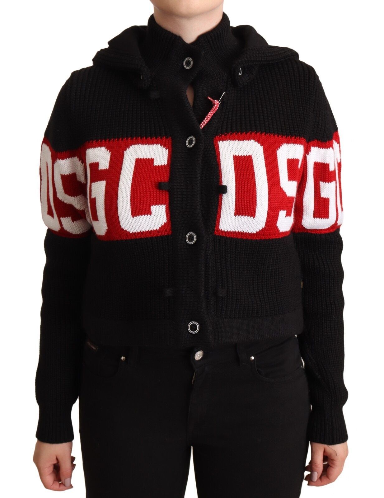 Black Cashmere Hooded Button Down Logo Cardigan Jacket