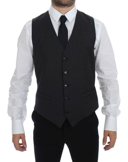 Gray Striped Wool Single Breasted Vest