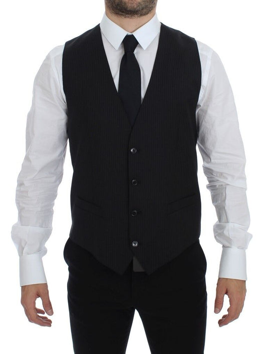 Black Striped Wool Single Breasted Vest