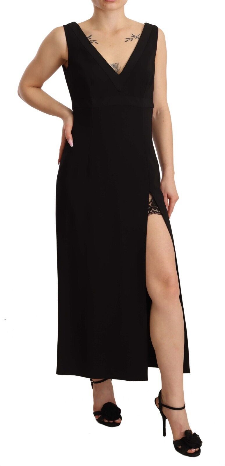 Black Silk Stretch Side Slit Sheath Midi Dress