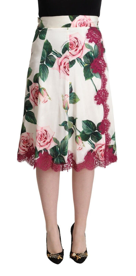 White Rose Print High Waist Midi A-line Skirt