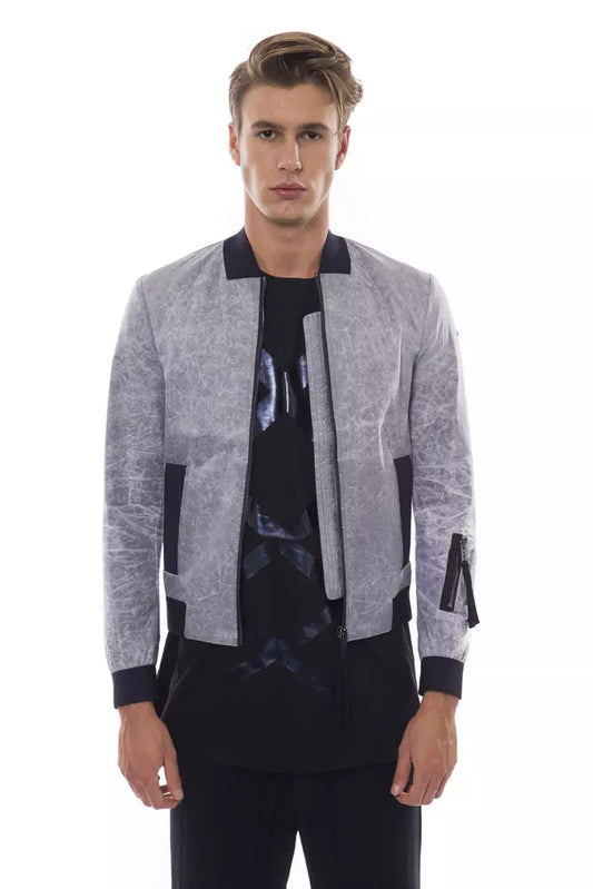 Sleek Gray Bomber Jacket with Emblem Accent