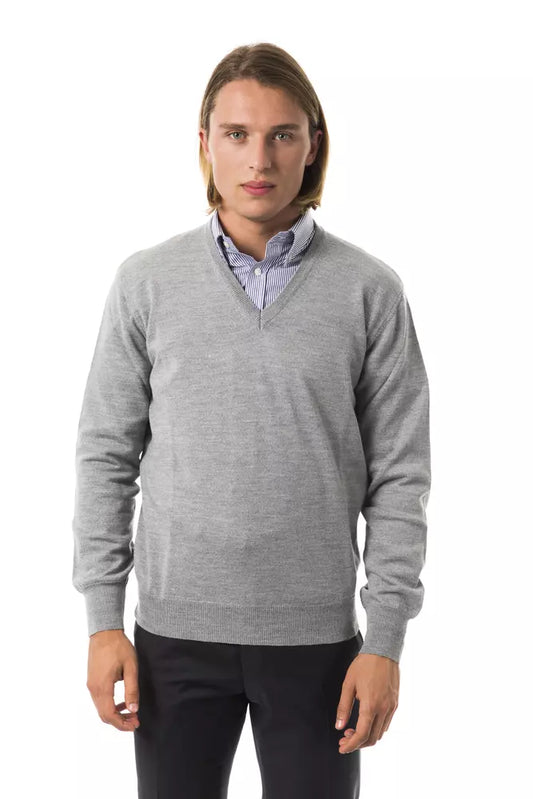 Embroidered Wool V-Neck Sweater - Elegant Gray