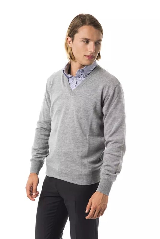 Embroidered Wool V-Neck Sweater - Elegant Gray